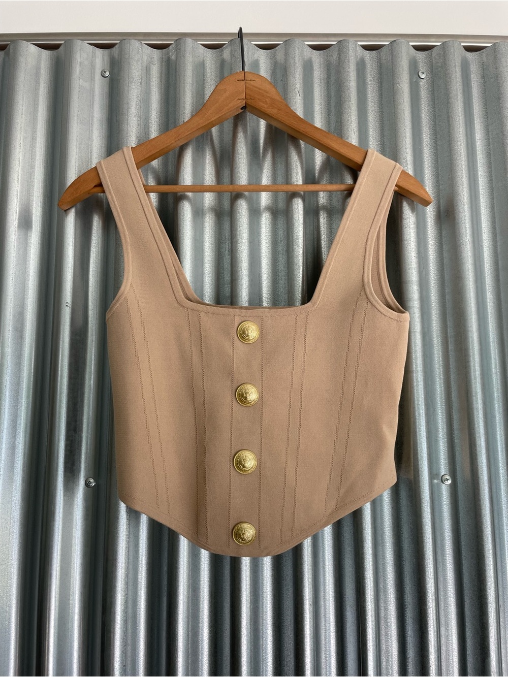 L'AGENCE Saga Taupe Square-Neck Crop Top with Gold Buttons